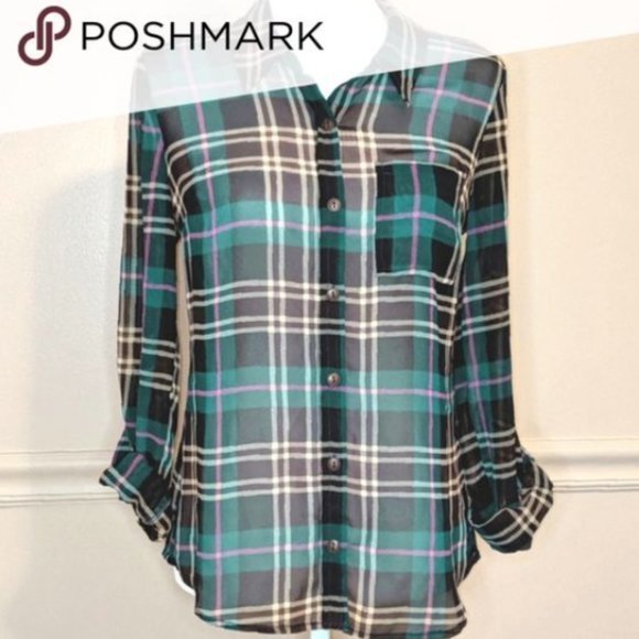 EUC Modcloth Sheer Plaid Button Down Blouse 1X - Picture 15 of 16